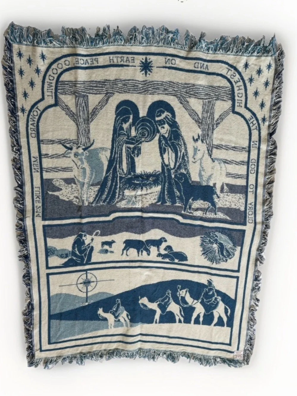Vintage 90s Crown Crafts Nativity Woven Tapestry Throw Blanket Christmas Holiday